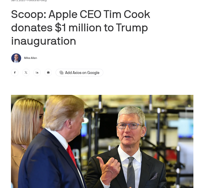 Scoop: Apple CEO Tim Cook donates $1 million to Trump inauguration