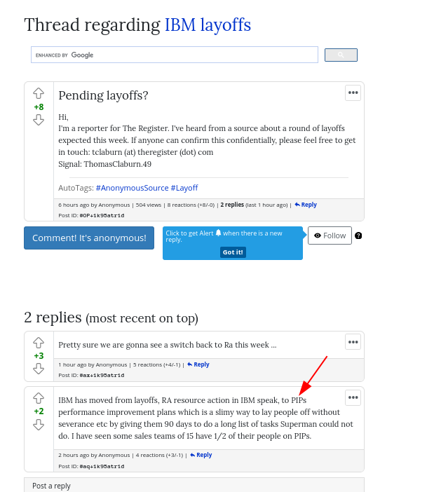 IBM has moved from layoffs, RA resource action in IBM speak, to PIPs performance improvement plans which is a slimy way to lay people off without severance etc by giving them 90 days to do a long list of tasks Superman could not do