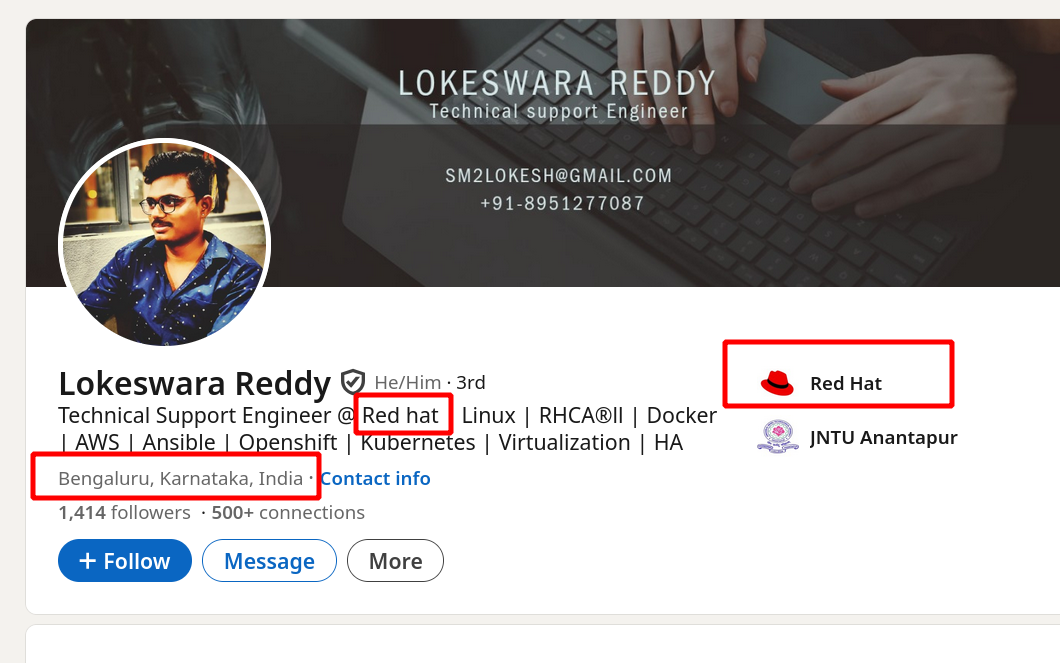Lokeswara Reddy: Technical Support Engineer @ Red hat | Linux | RHCA®ll | Docker | AWS | Ansible | Openshift | Kubernetes | Virtualization | HA