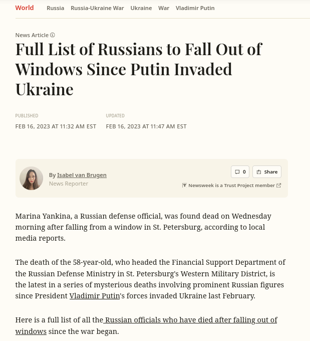 Full List of Russians to Fall Out of Windows Since Putin Invaded Ukraine