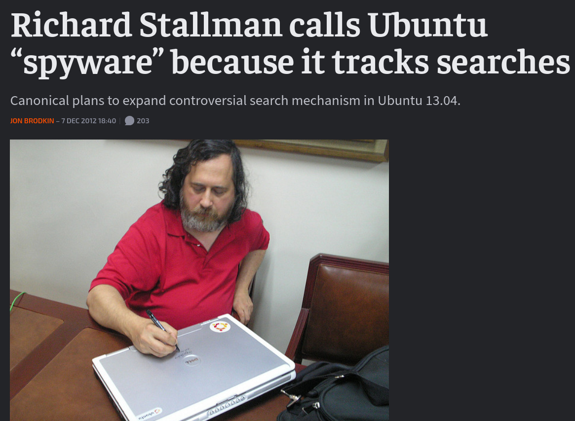 Richard Stallman calls Ubuntu “spyware” because it tracks searches