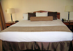 Picture taken of a king size bed in a hotel room