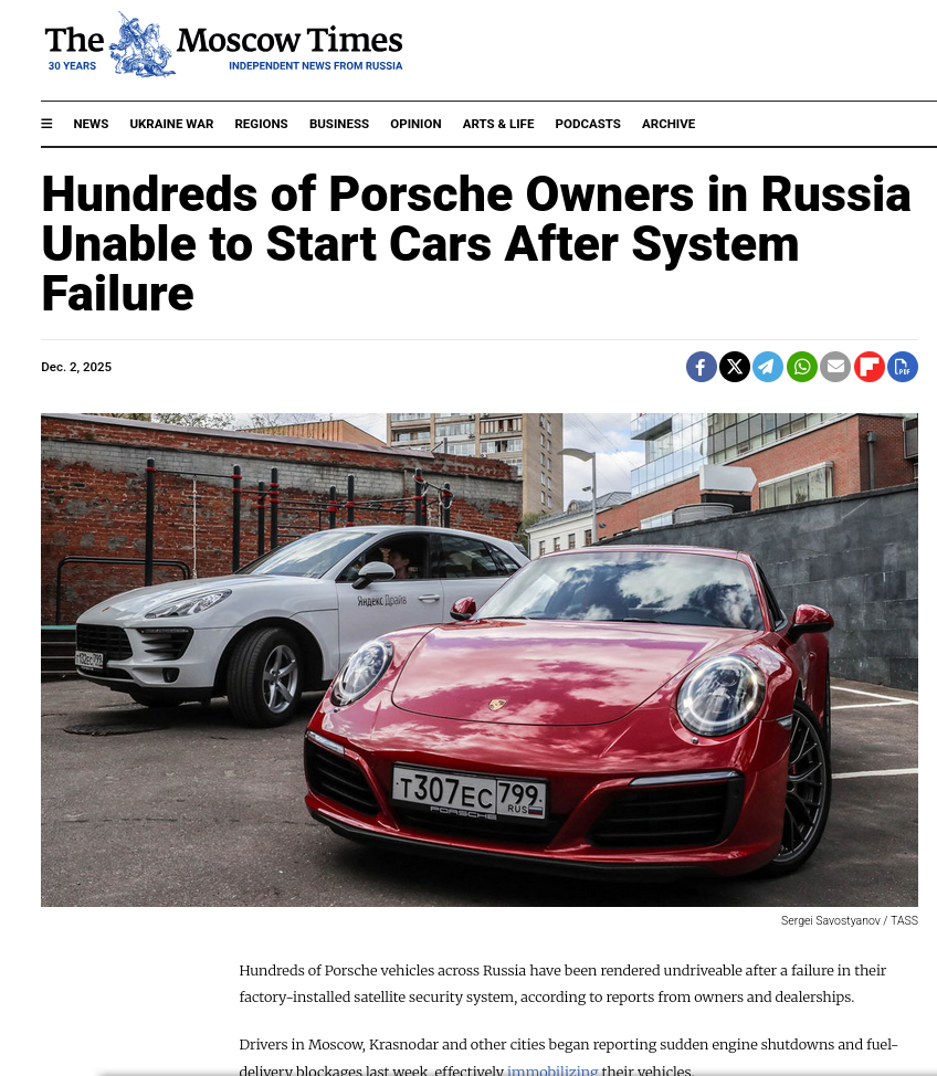 Hundreds of Porsche Owners in Russia Unable to Start Cars After System Failure