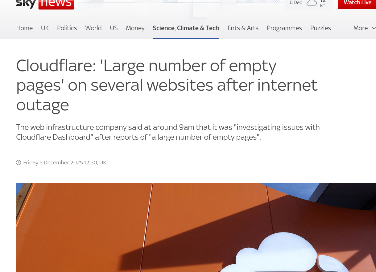 Cloudflare: 'Large number of empty pages' on several websites after internet outage
