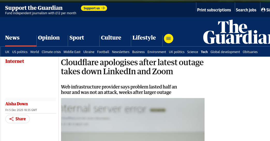 Cloudflare apologises after latest outage takes down LinkedIn and Zoom