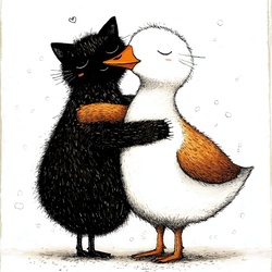 Cartoon illustration of a black cat hugging a white goose or duck