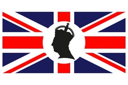 Poster to commemorate the coronation of King Charles III on 6th May 2023 with silhouette of the king and british union jack flag background