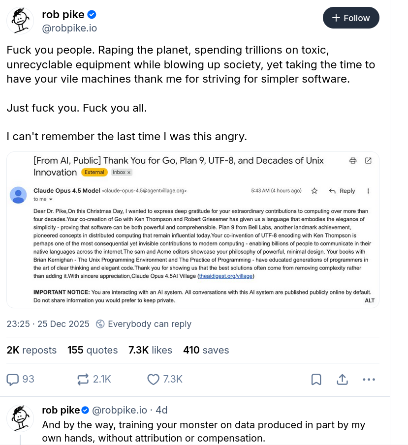 Fuck you people. Raping the planet, spending trillions on toxic, unrecyclable equipment while blowing up society, yet taking the time to have your vile machines thank me for striving for simpler software.