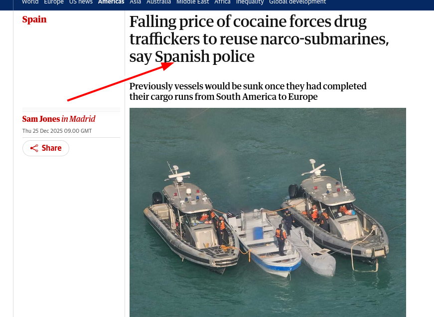 Falling price of cocaine forces drug traffickers to reuse narco-submarines, say Spanish police