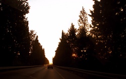 Travelling by car into the sunset
