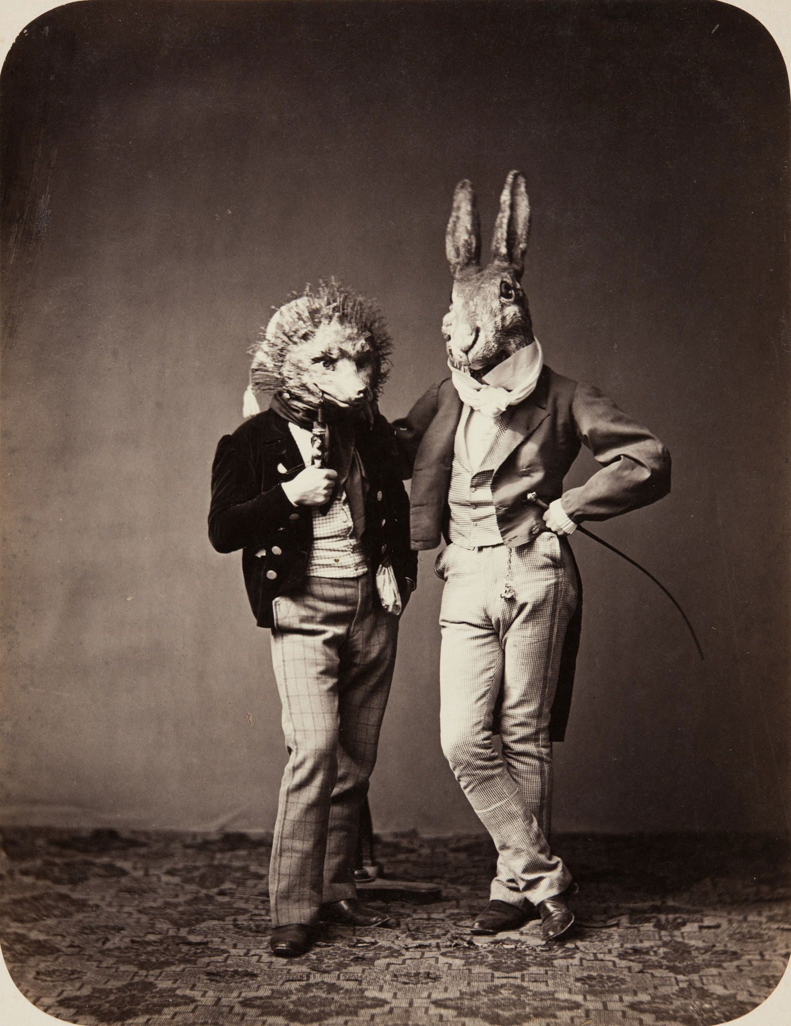 Hare and hedgehog costumes worn by Hermann Oehlmann and an unknown person