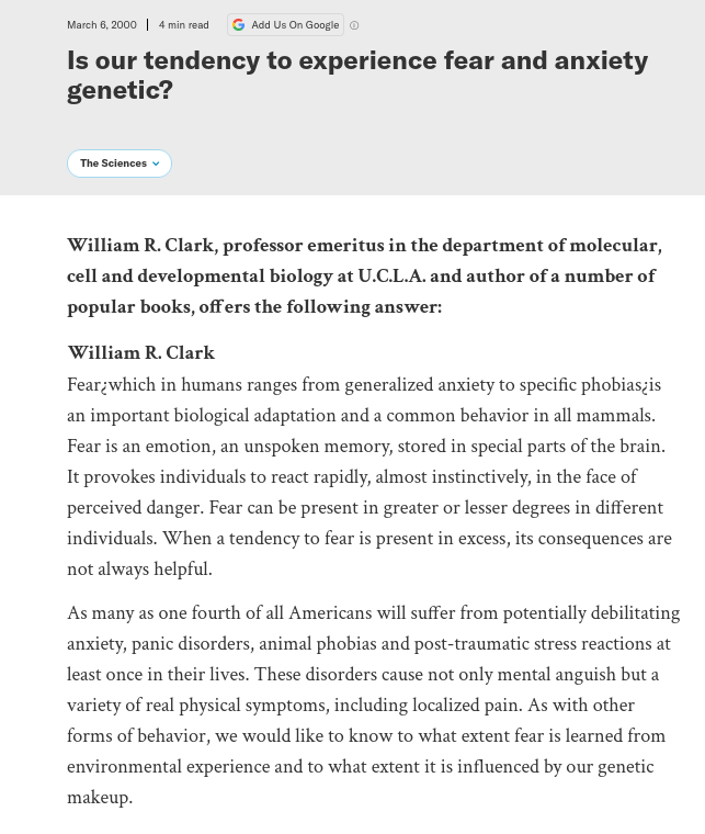 Is our tendency to experience fear and anxiety genetic?