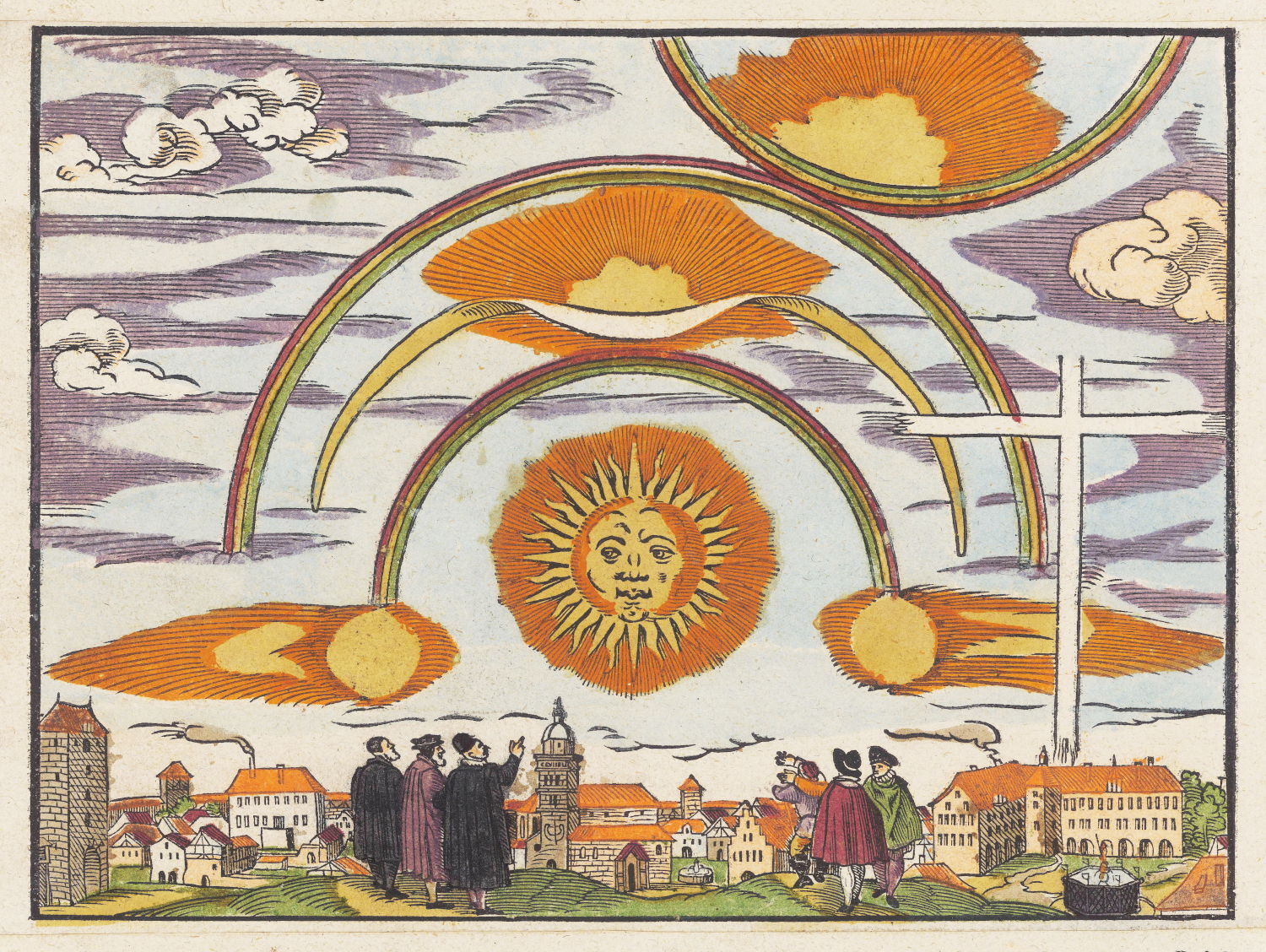 Orbs and rainbows circling the sun in Nuremberg, 1580 (detail)