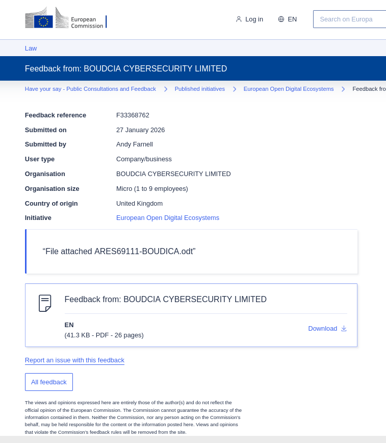 Feedback from: BOUDCIA CYBERSECURITY LIMITED