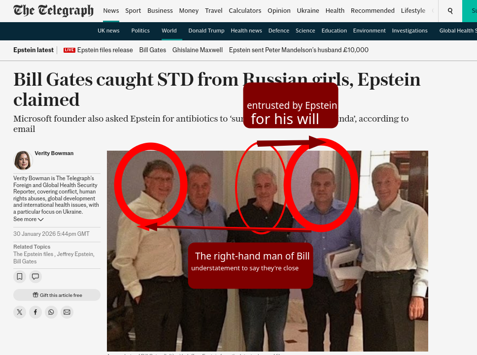 Bill Gates caught STD from Russian girls, Epstein claimed; entrusted by Epstein for his will; The right-hand man of Bill, understatement to say they're close