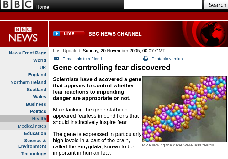 Gene controlling fear discovered