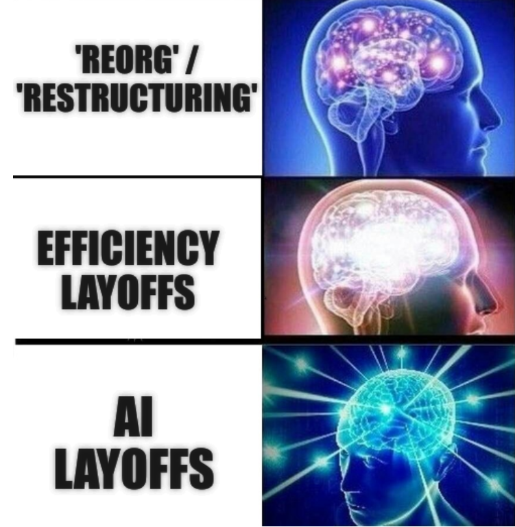 [brain levels] 'reorg' or 'restructuring' Efficiency layoffs, AI layoffs