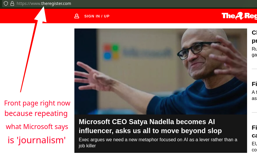 Microsoft CEO Satya Nadella becomes AI influencer, asks us all to move beyond slop: Front page right now because repeating what Microsoft says is 'journalism'