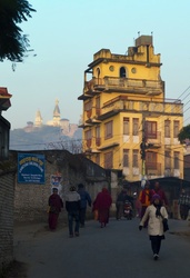 Approaching the Swayambunath Buddhist temple complex, which lies on a hill to the west of central Kathmandu.