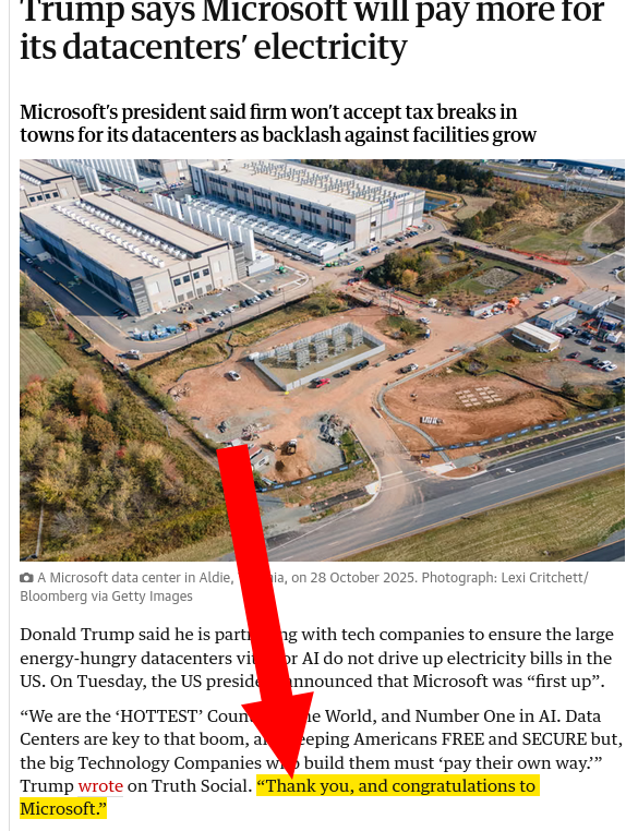 Trump says Microsoft will pay more for its datacenters’ electricity