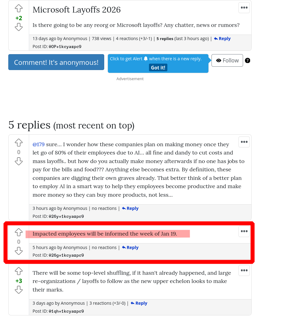 Impacted employees will be informed the week of Jan 19.