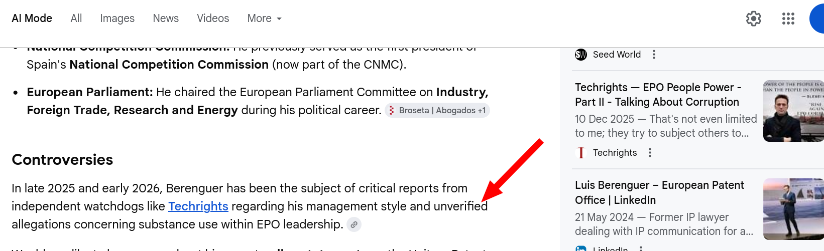 In late 2025 and early 2026, Berenguer has been the subject of critical reports from independent watchdogs like Techrights regarding his management style and unverified allegations concerning substance use within EPO leadership