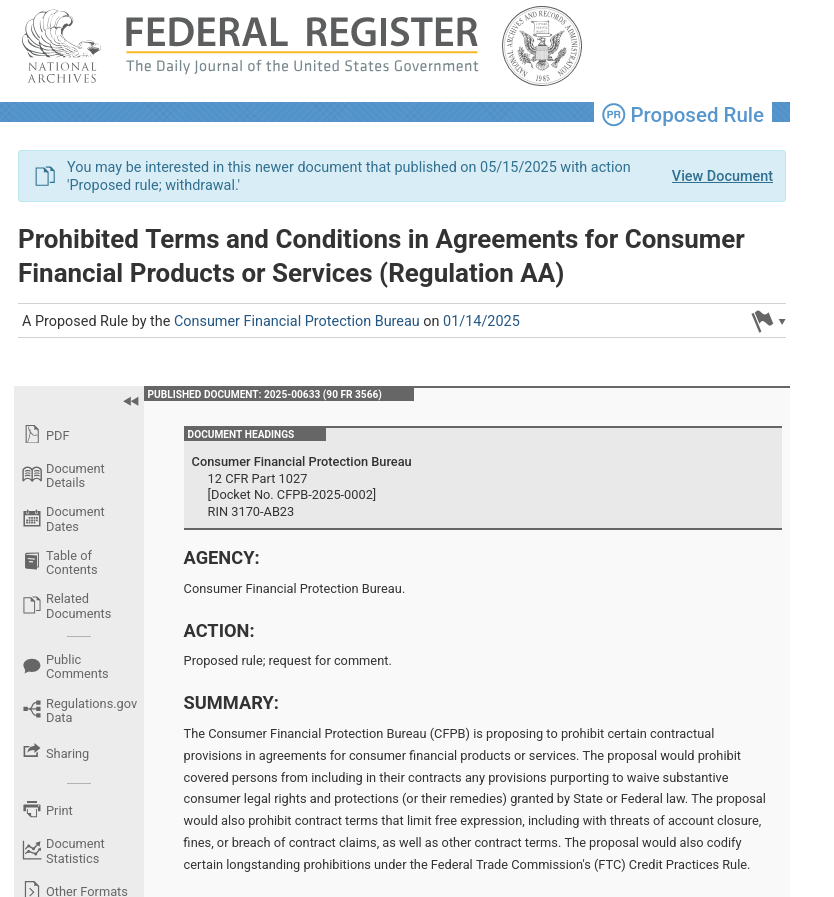 Prohibited Terms and Conditions in Agreements for Consumer Financial Products or Services (Regulation AA)