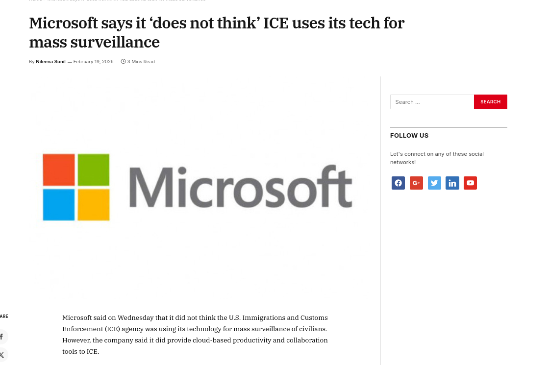 Microsoft says it ‘does not think’ ICE uses its tech for mass surveillance