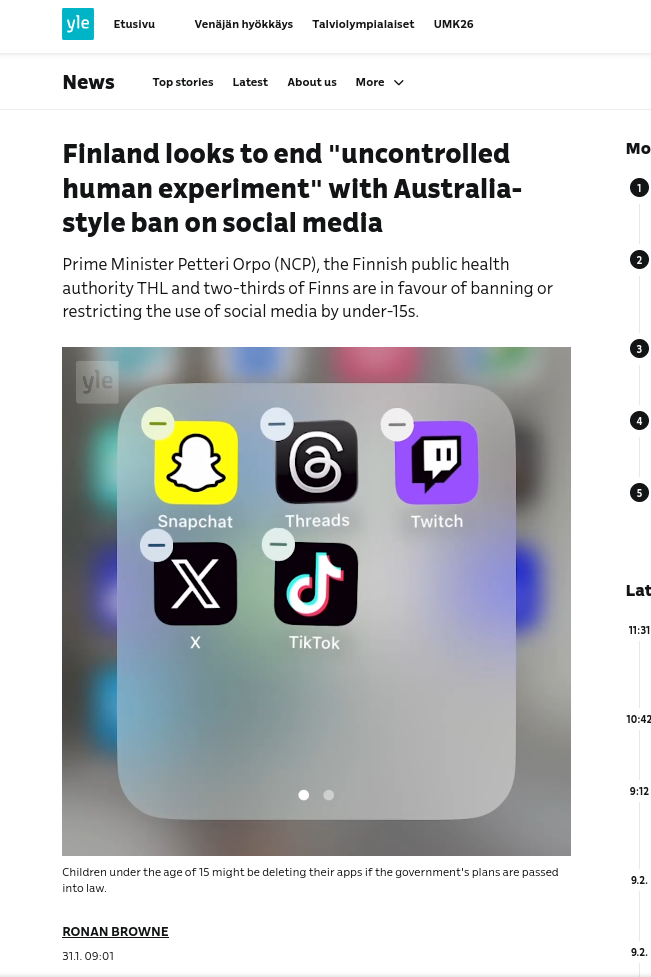 Finland looks to end 'uncontrolled human experiment' with Australia-style ban on social media