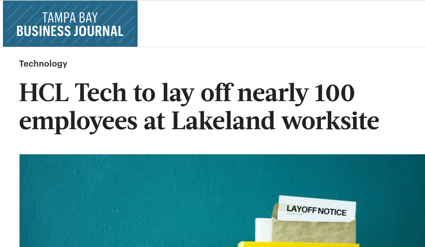 HCL Tech to lay off nearly 100 employees at Lakeland worksite