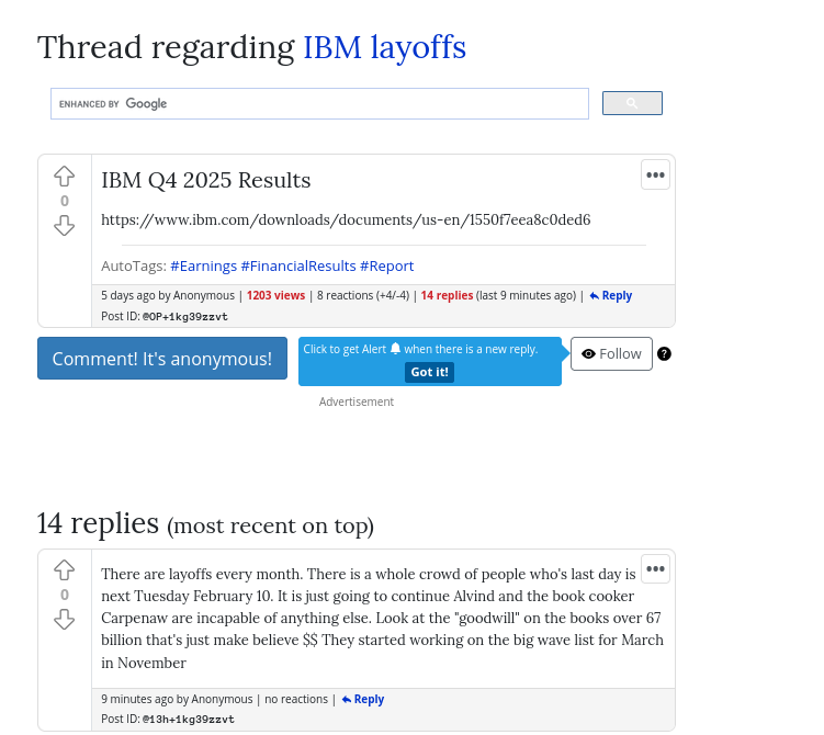 There are layoffs every month. There is a whole crowd of people who's last day is next Tuesday February 10. It is just going to continue Alvind and the book cooker Carpenaw are incapable of anything else. Look at the 'goodwill' on the books over 67 billion that's just make believe $$ They started working on the big wave list for March in November