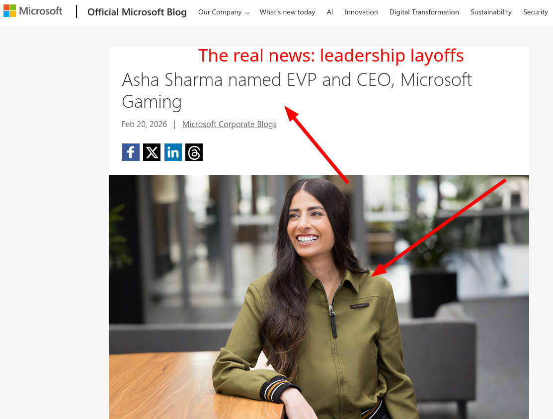 Asha Sharma named EVP and CEO, Microsoft Gaming; The real news: leadership layoffs