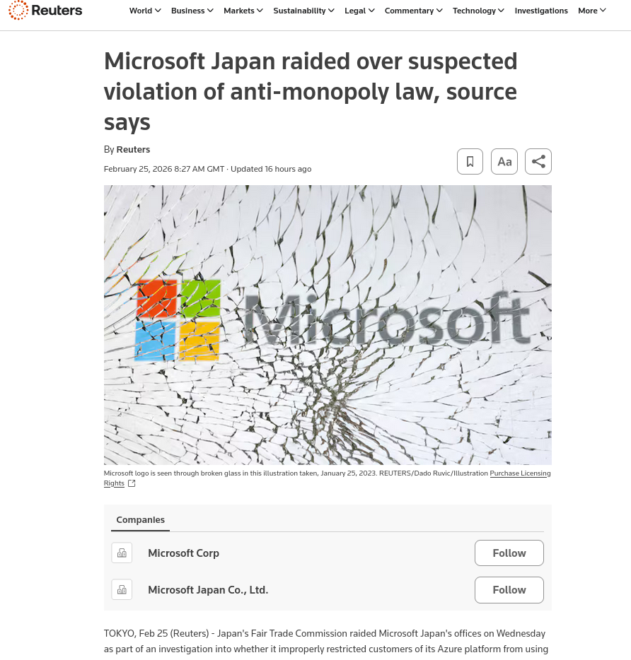 Microsoft Japan raided over suspected violation of anti-monopoly law, source says