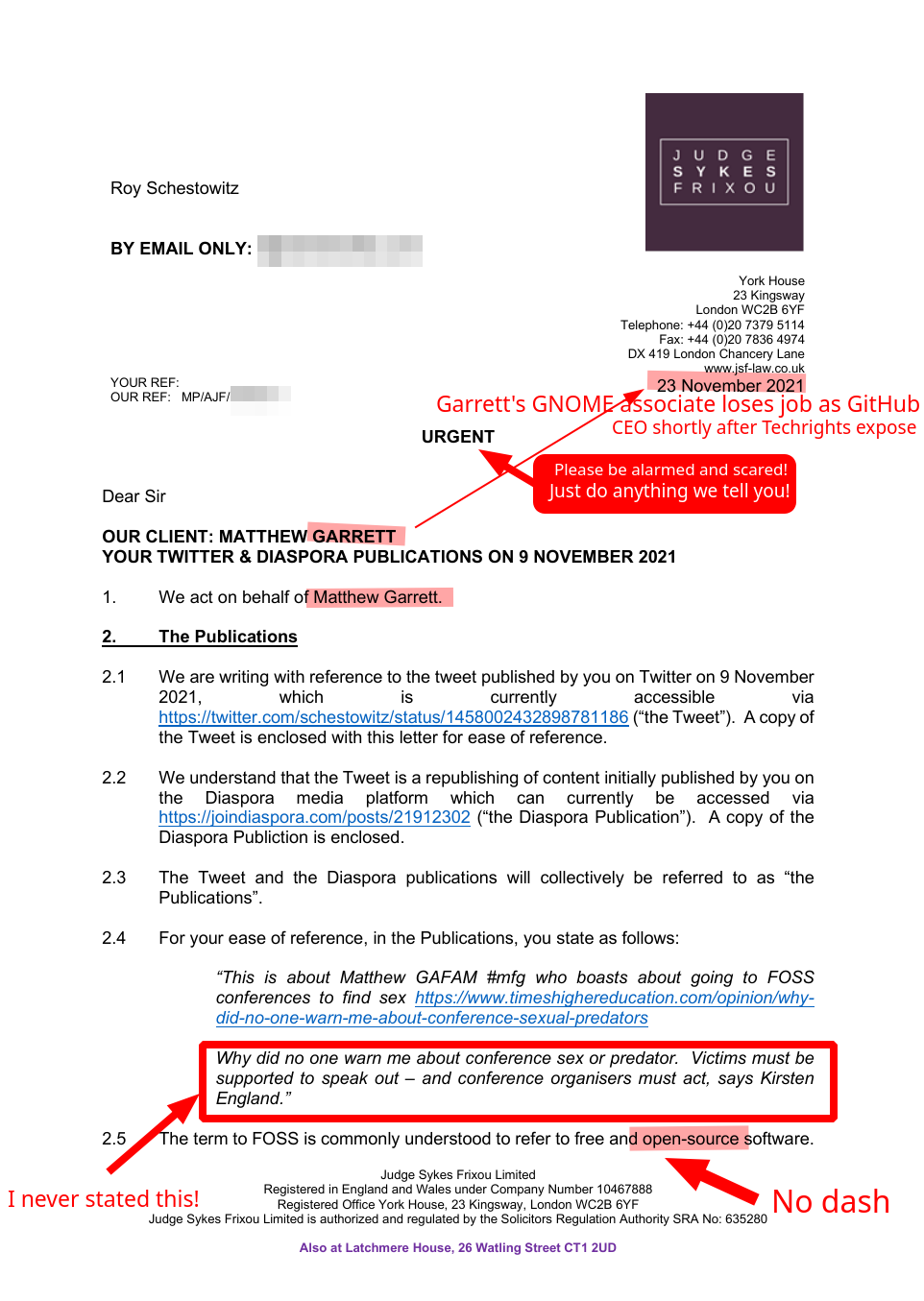 OUR CLIENT: MATTHEW GARRETT; Please be alarmed and scared! Just do anything we tell you! Garrett's GNOME associate loses job as GitHub CEO shortly after Techrights expose; I never stated this! No dash
