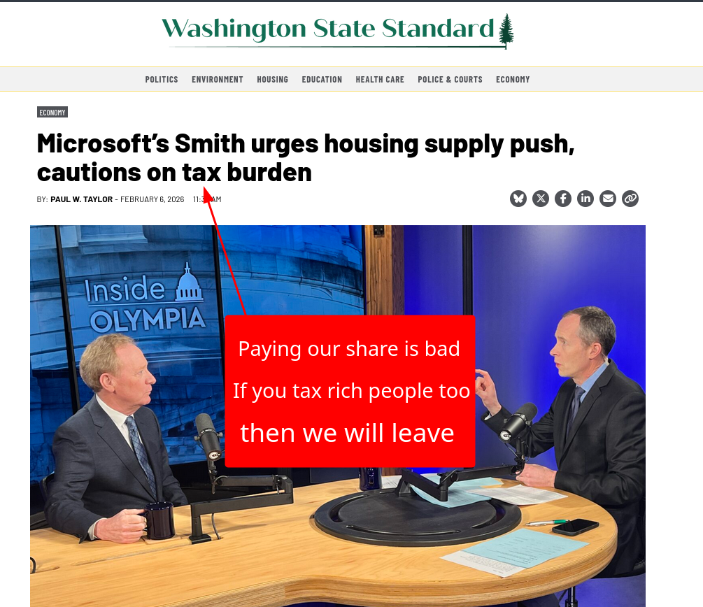 Microsoft’s Smith urges housing supply push, cautions on tax burden [Paying our share is bad. If you tax rich people too, then we will leave.]