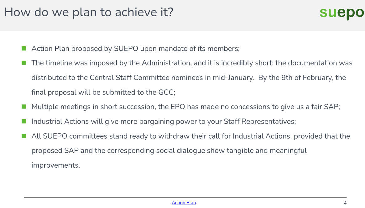 Action Plan proposed by SUEPO upon mandate of its members;