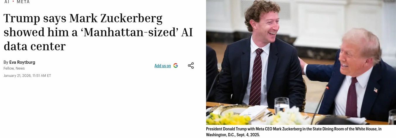 Trump says Mark Zuckerberg showed him a ‘Manhattan-sized’ AI data center