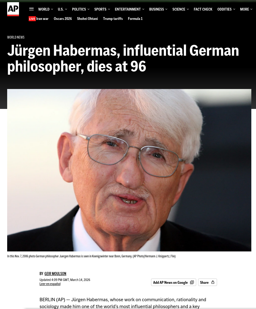 Jürgen Habermas, influential German philosopher, dies at 96