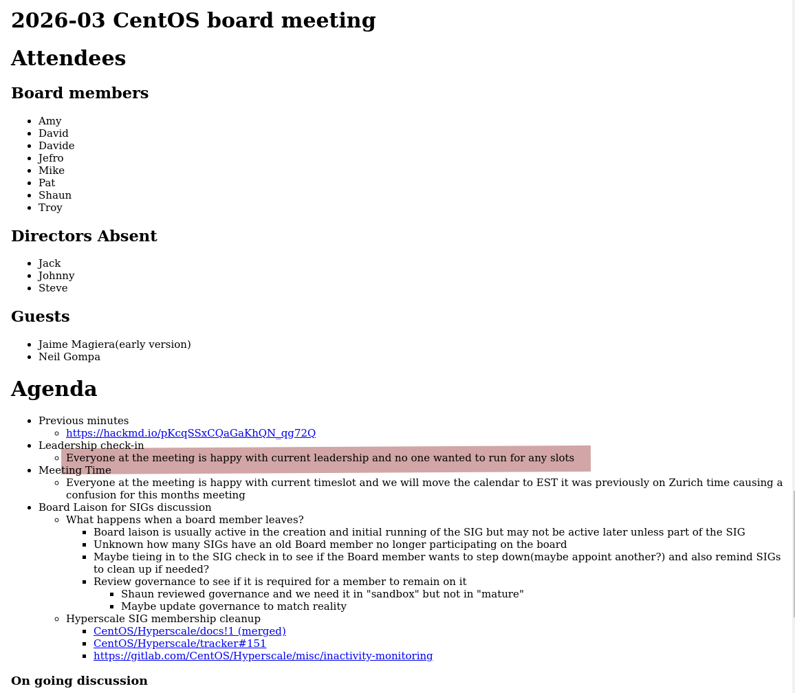 Everyone at the meeting is happy with current leadership and no one wanted to run for any slots