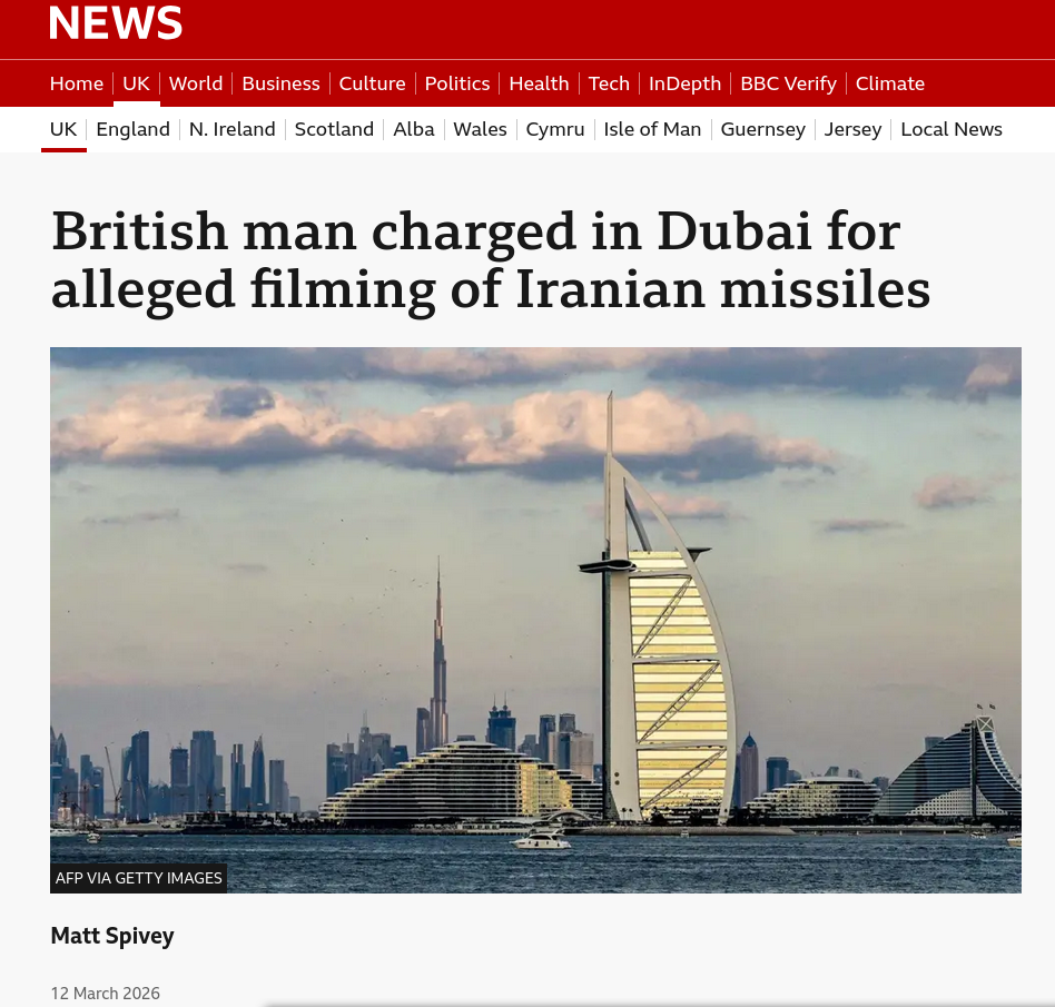 British man charged in Dubai for alleged filming of Iranian missiles