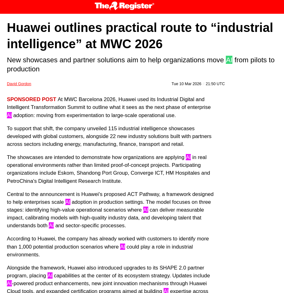 Huawei outlines practical route to “industrial intelligence” at MWC 2026