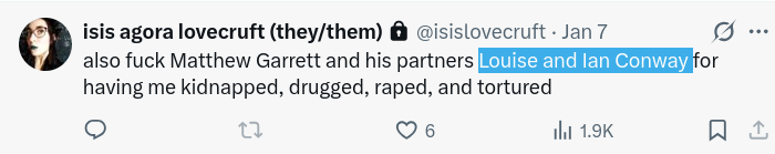 also fuck Matthew Garrett and his partners Louise and Ian Conway for having me kidnapped, drugged, raped, and tortured