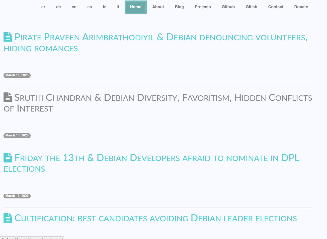 Pirate Praveen Arimbrathodiyil and Debian denouncing volunteers, hiding romances