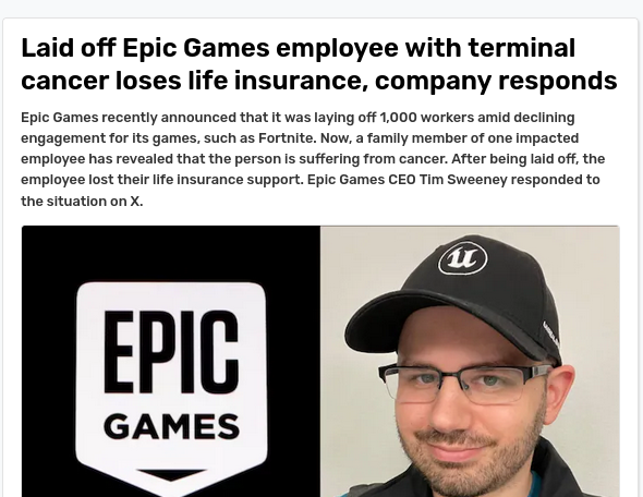 Laid off Epic Games employee with terminal cancer loses life insurance, company responds