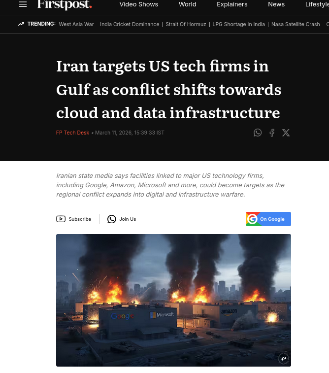 Iran targets US tech firms in Gulf as conflict shifts towards cloud and data infrastructure