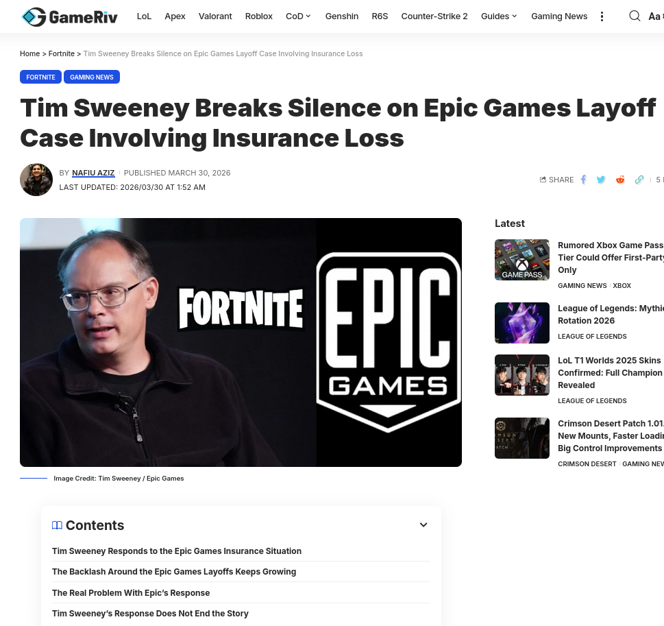 Tim Sweeney Breaks Silence on Epic Games Layoff Case Involving Insurance Loss