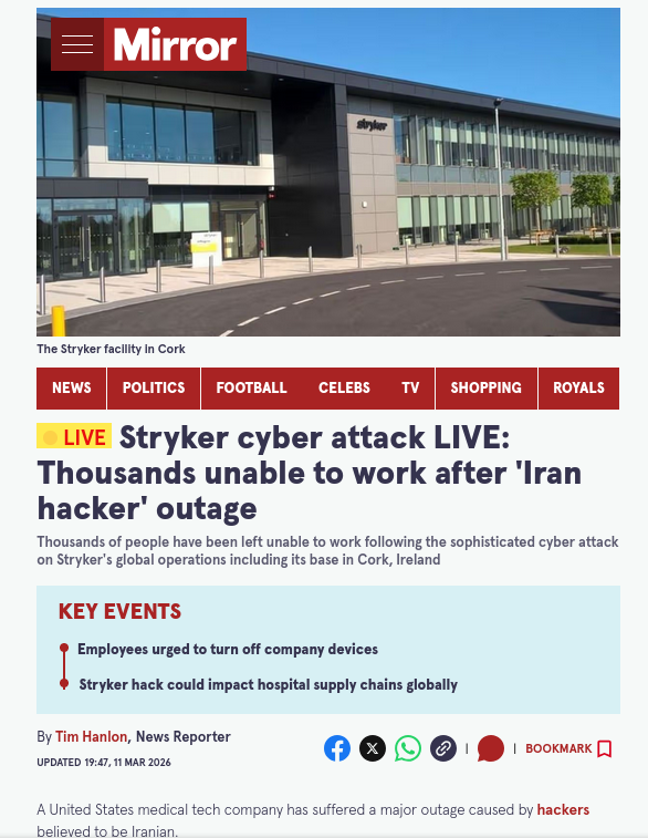 Stryker cyber attack LIVE: Thousands unable to work after 'Iran hacker' outage
