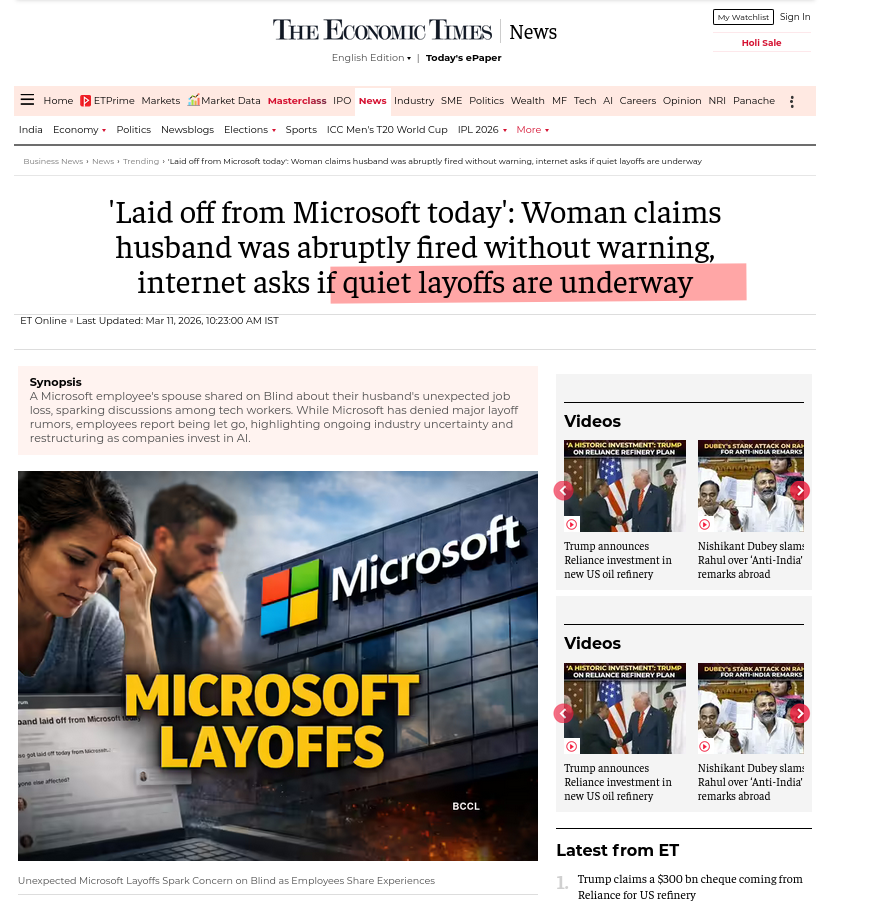 'Laid off from Microsoft today': Woman claims husband was abruptly fired without warning, internet asks if quiet layoffs are underway