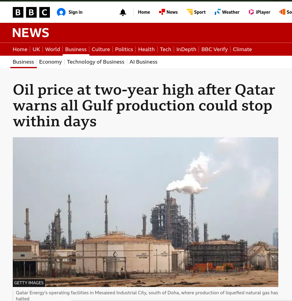 Oil price at two-year high after Qatar warns all Gulf production could stop within days