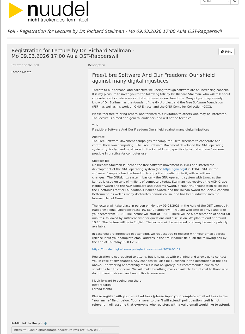 Registration for Lecture by Dr. Richard Stallman - Mo 09.03.2026 17:00 Aula OST-Rapperswil
